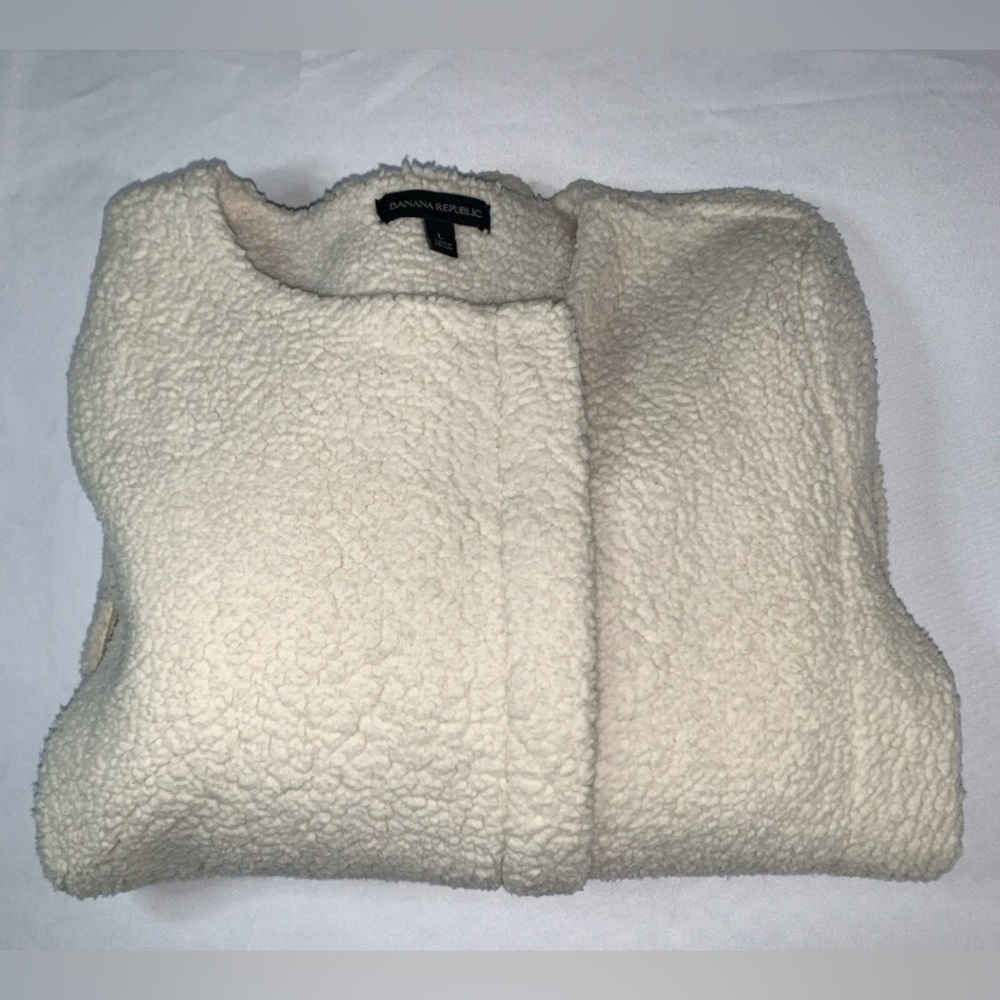 Banana Republic Off White Cream Faux Fur Teddy Jacket Women’s Large Side Zip - Picture 2 of 7